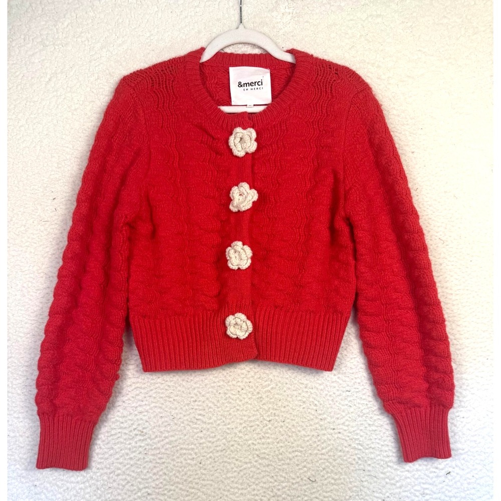&merci Cardigan Sweater Womens M Red Knit Crochet Flower Snap Buttons Cottage